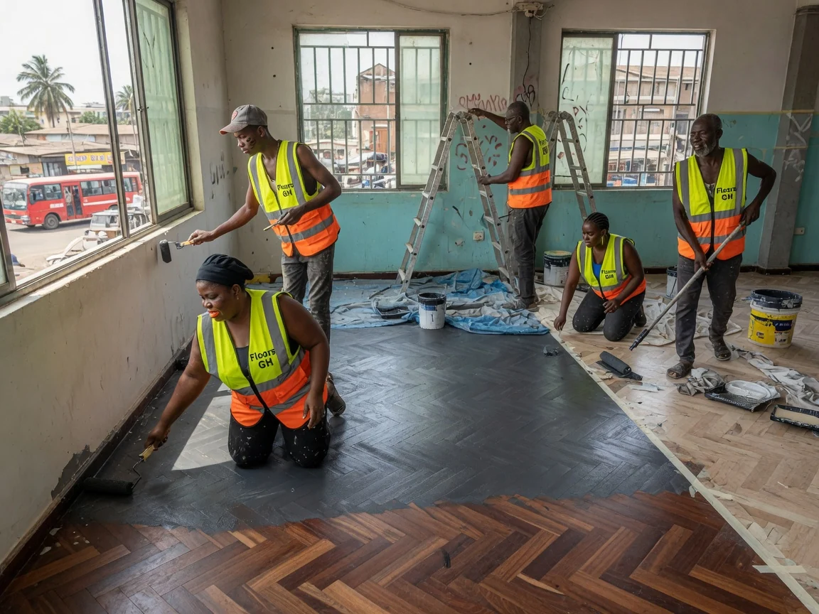 Heritage parquet restoration in Accra, Ghana — conservative sand refinish heritage parquet embassy floorsgh, Accra Ghana